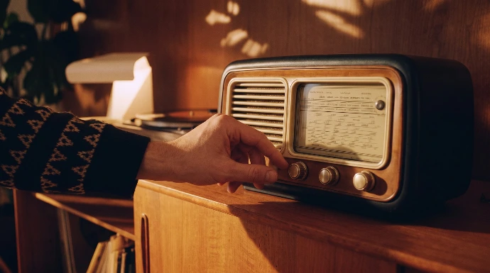 A person adjusting the dial on a vintage wooden radio in a sunlit room